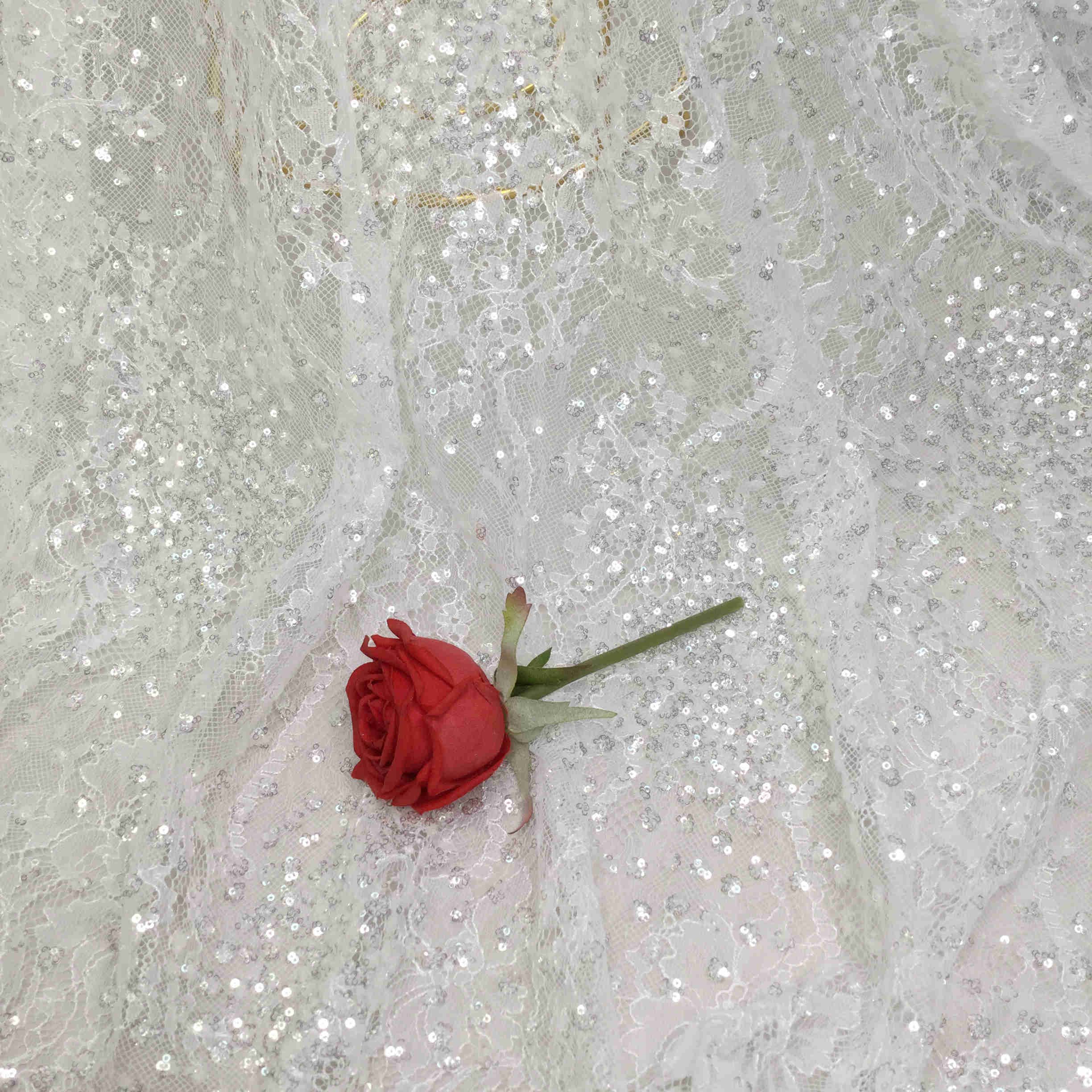 MX525 New arrival Elegant silver bridal tulle white Sequin embroidery lace fabric for wedding dress