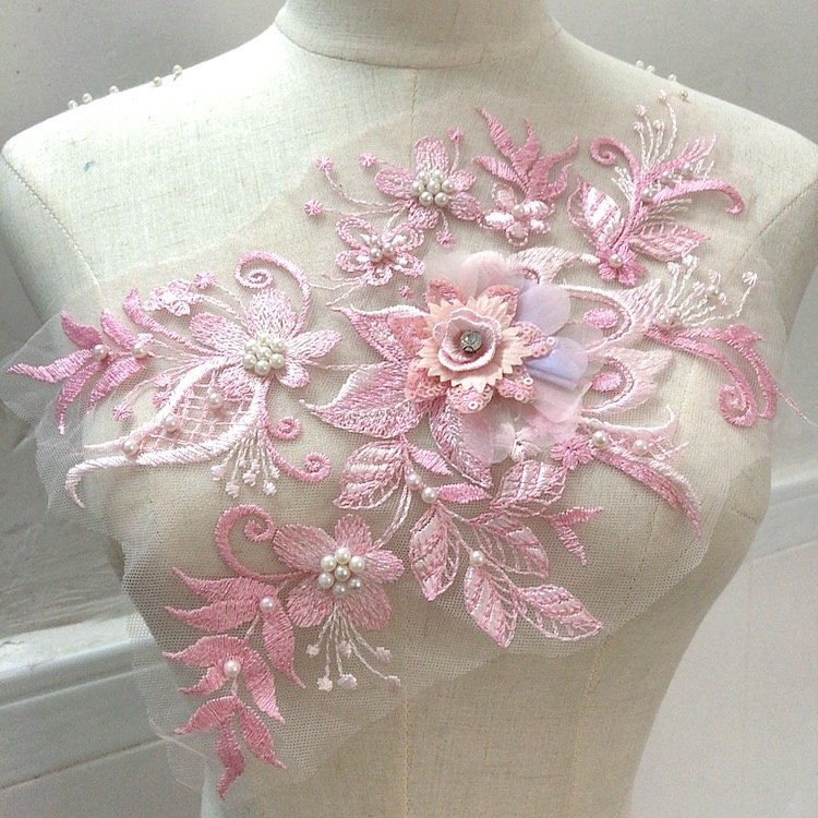 Pearls 3d flower sequined embroidery applique lace handcut fabric clothing DIY craft accessories LT2526A