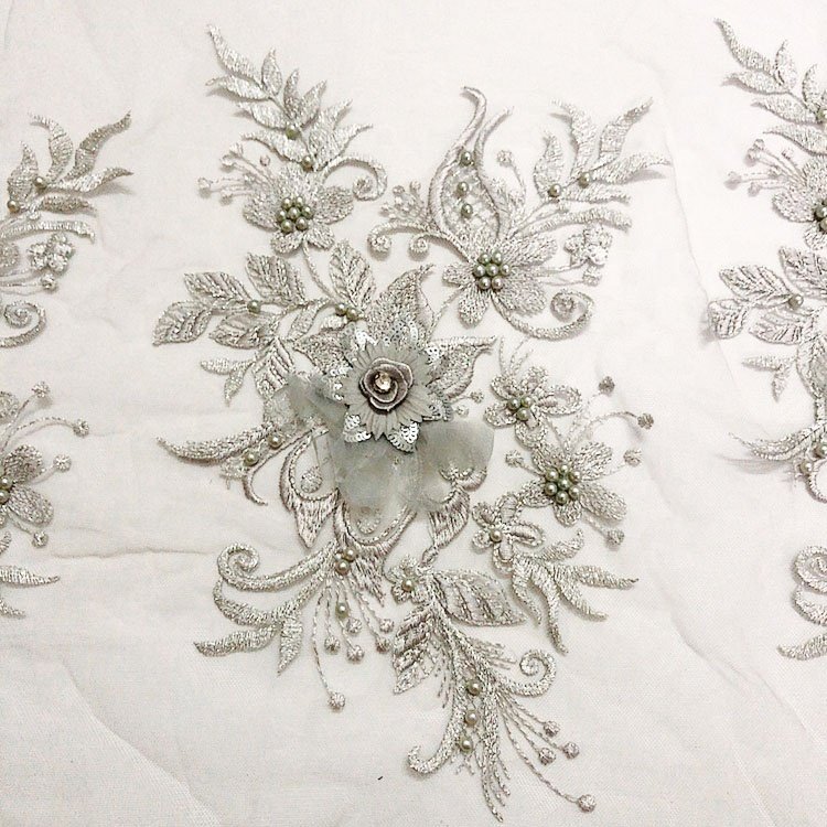 Pearls 3d flower sequined embroidery applique lace handcut fabric clothing DIY craft accessories LT2526A