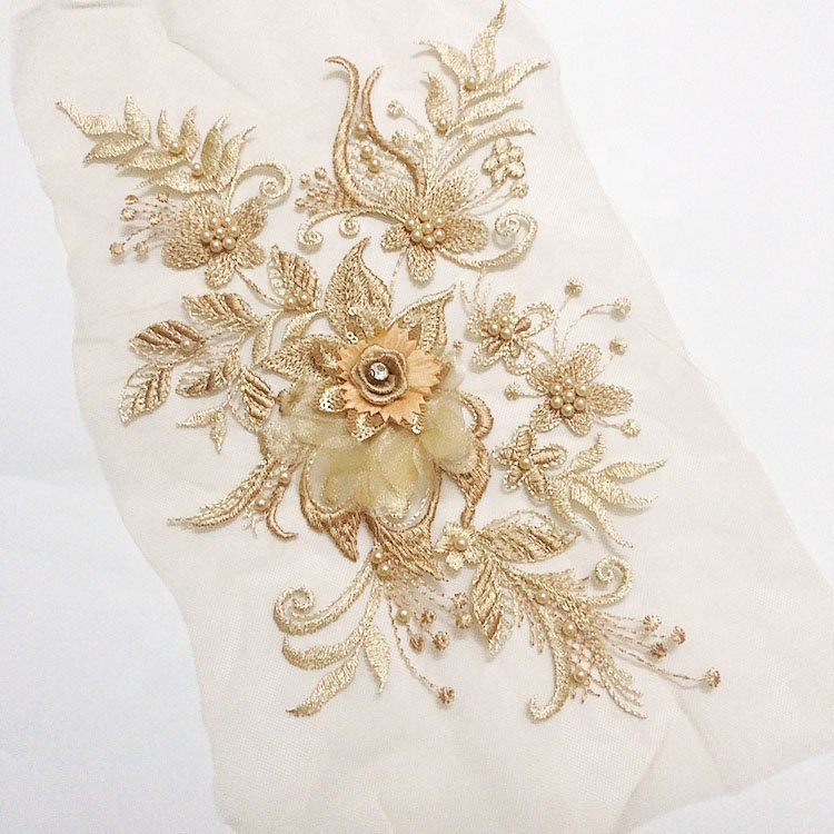 Pearls 3d flower sequined embroidery applique lace handcut fabric clothing DIY craft accessories LT2526A