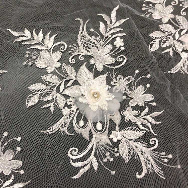 Pearls 3d flower sequined embroidery applique lace handcut fabric clothing DIY craft accessories LT2526A