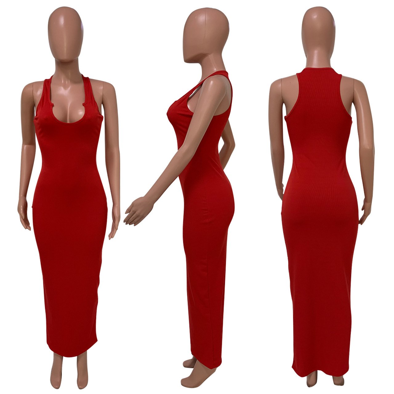 Fashion Women Summer Clothes 2022 Elegant Solid U-neck Sleeveless Rib Knitted Maxi Dress Woman Sexy Bodycon Midi Casual Dress