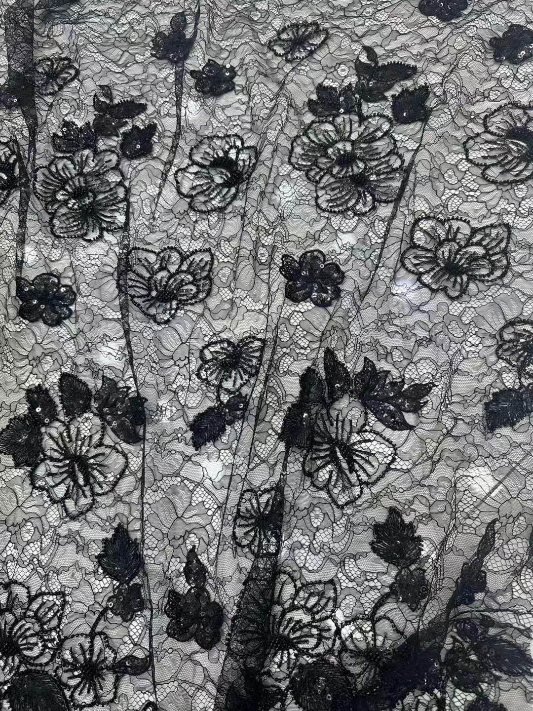Sequin corded Embroidery Bridal Applique Lace Fabric on Chantilly for wedding dress