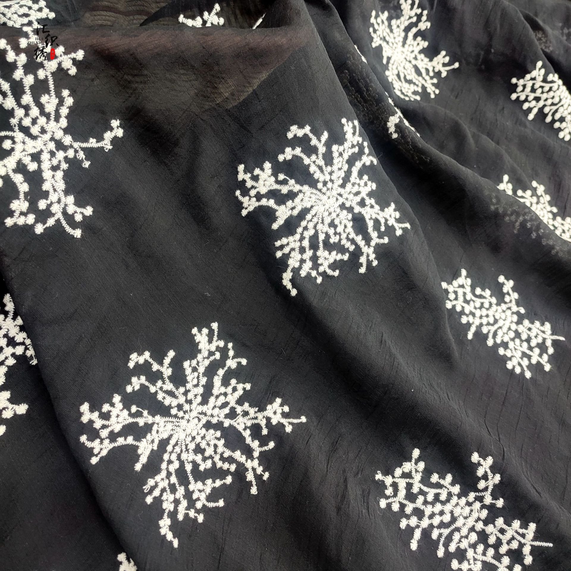 Spring and summer new chiffon embroidery fabric fashion chrysanthemum pattern light breathable women's dress