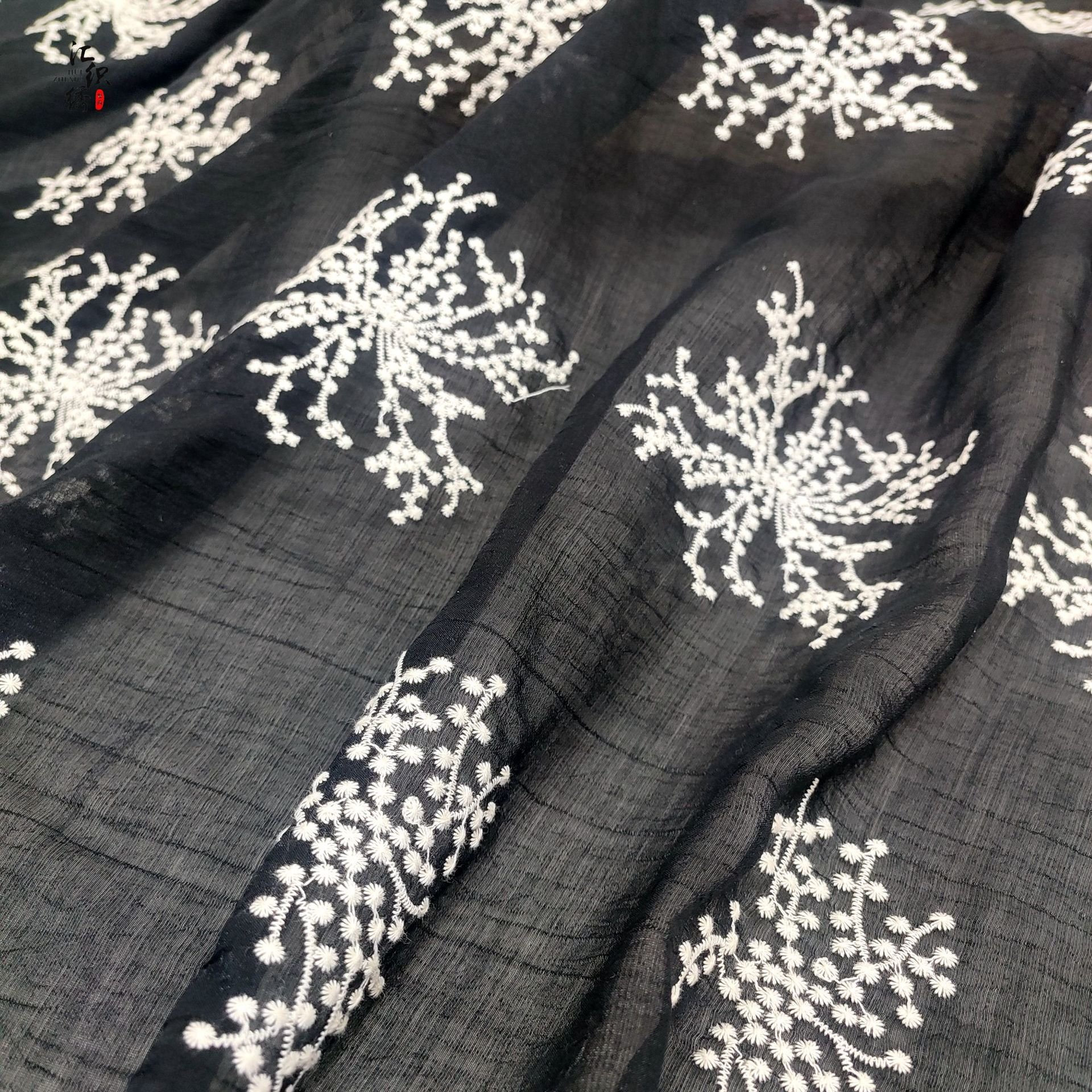 Spring and summer new chiffon embroidery fabric fashion chrysanthemum pattern light breathable women's dress