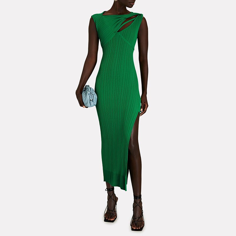 Trendy Fashion Rib Knit Dress Sleeveless Cut Out Back Midi Dress