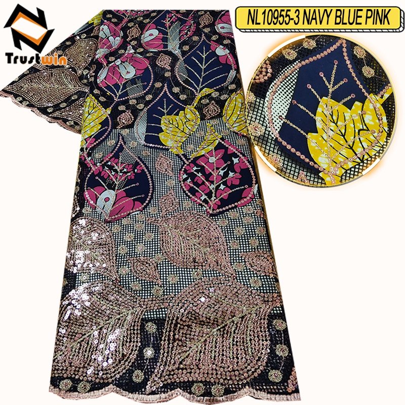 New Arrival Ankara pattern French lace High quality tulle Embroidery fabric with sequins