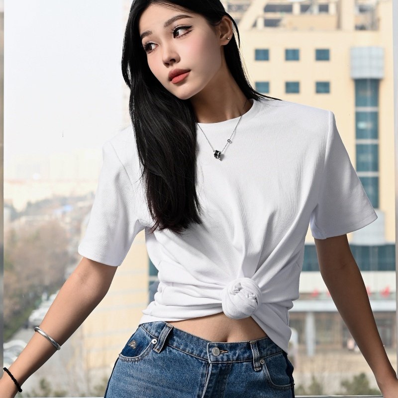 Spring '24 fashion collection Street Style solid casual women's Rose Knot-detailed Ribbed T-shirt wholesale women's jersey