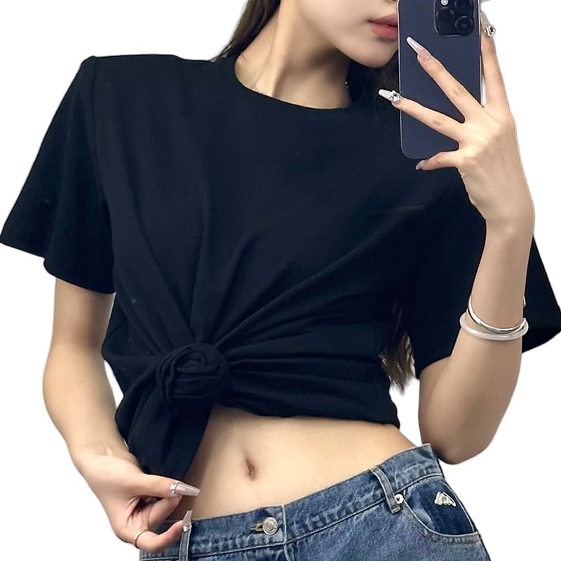 Spring '24 fashion collection Street Style solid casual women's Rose Knot-detailed Ribbed T-shirt wholesale women's jersey