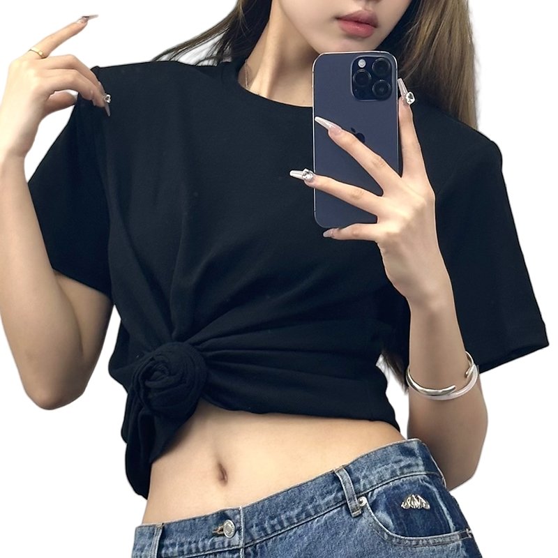 Spring '24 fashion collection Street Style solid casual women's Rose Knot-detailed Ribbed T-shirt wholesale women's jersey