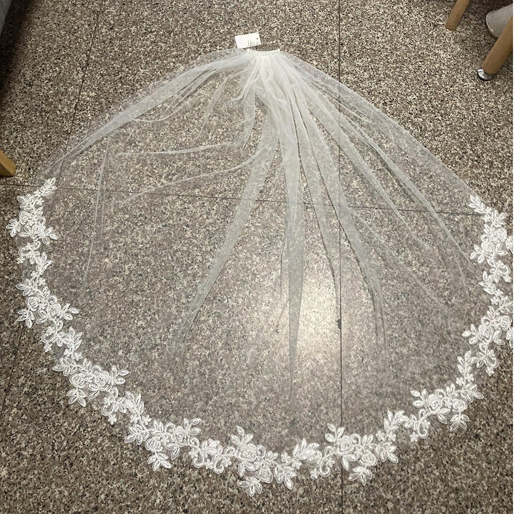RESV30 White/Ivory Bridal Veil with Comb Lace Applique Edge Fingertip Length 36 inch wedding veil