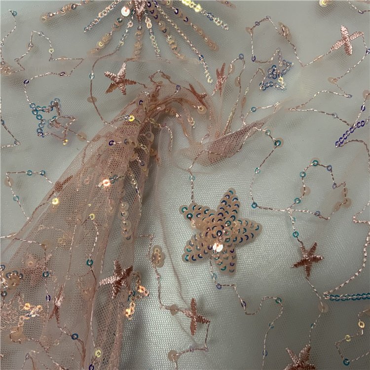 Design cheap design pink decorative floral sequin embroidered beaded tulle fabric mesh fabric