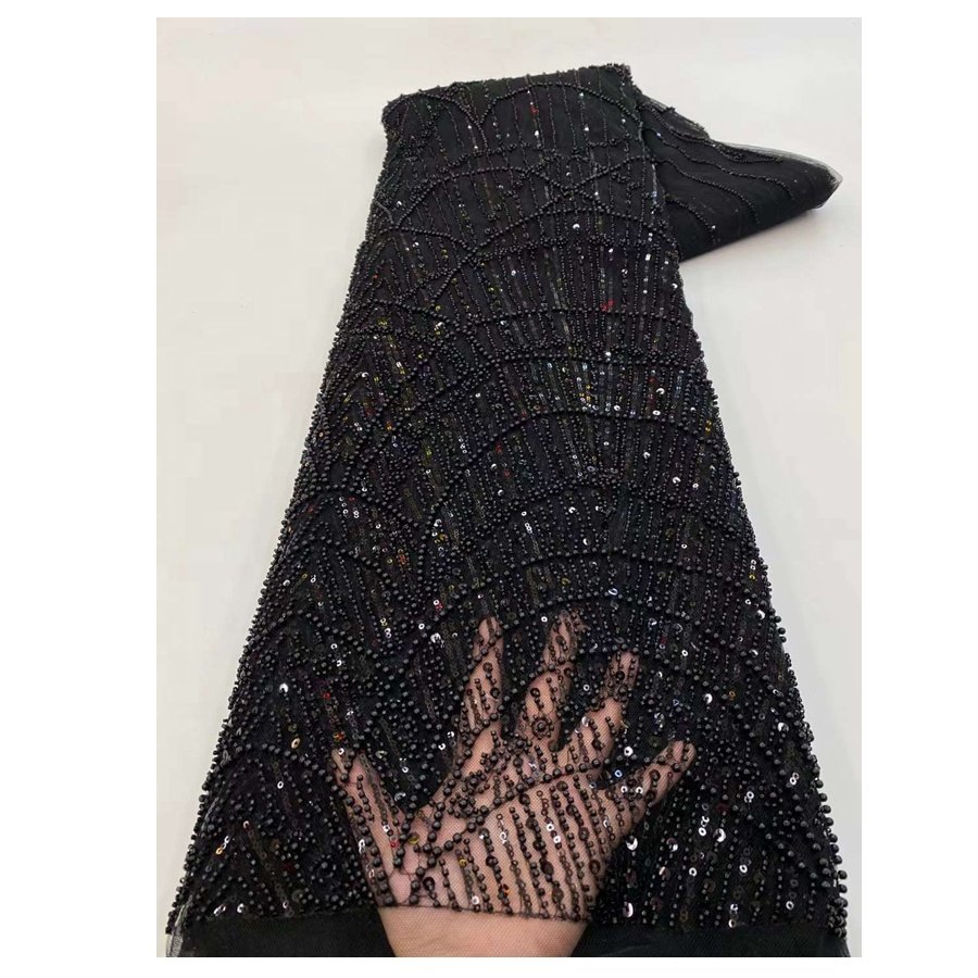 Fashion Black Color Dress French Lace With Sequins&Beads And Heavy Tulle Lace Fabric For Women Wedding Dress