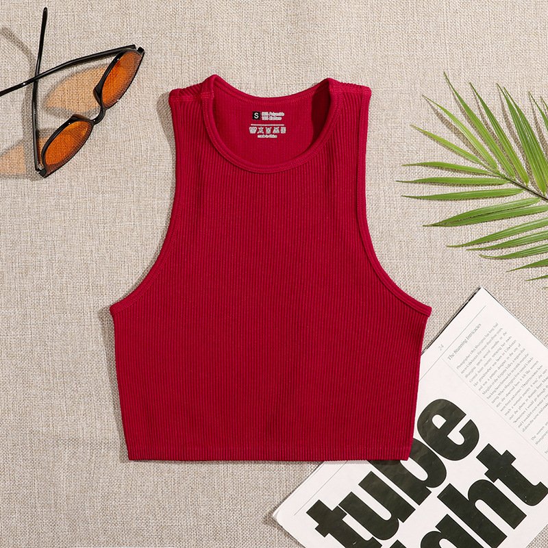 Women Candy Color Yoga Crop Top Lady Casual Round Neck Running Gym Vest Female Sleeveless Rib Knit Sports T Shirts