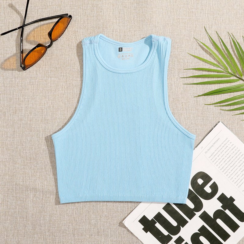 Women Candy Color Yoga Crop Top Lady Casual Round Neck Running Gym Vest Female Sleeveless Rib Knit Sports T Shirts