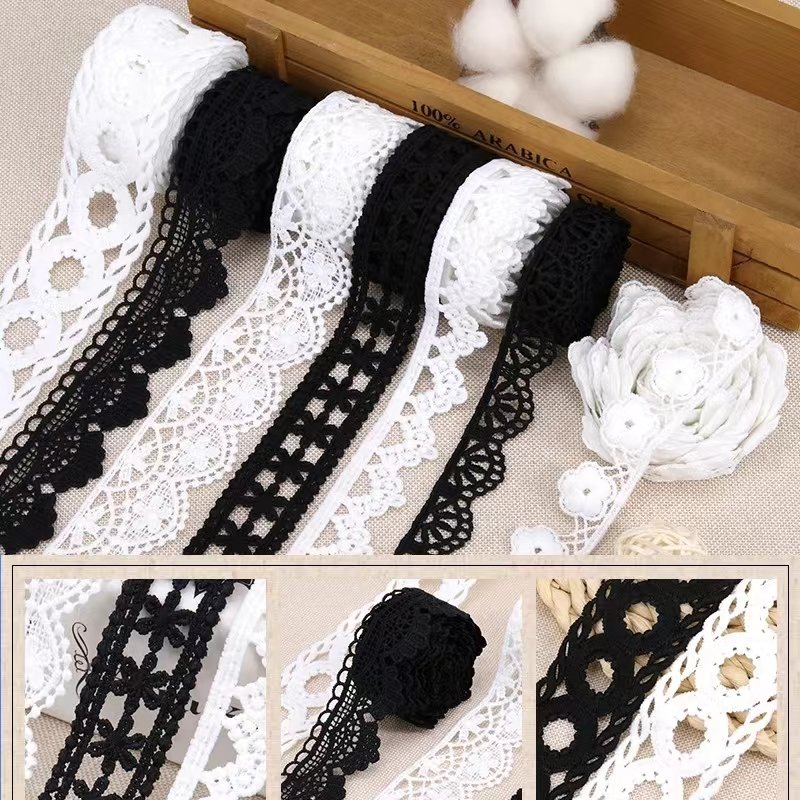 Apparel Sewing Fabric Ivory Cream Black Trim Cotton Crocheted Lace Fabric Ribbon Handmade Accessories Embroidery Lace
