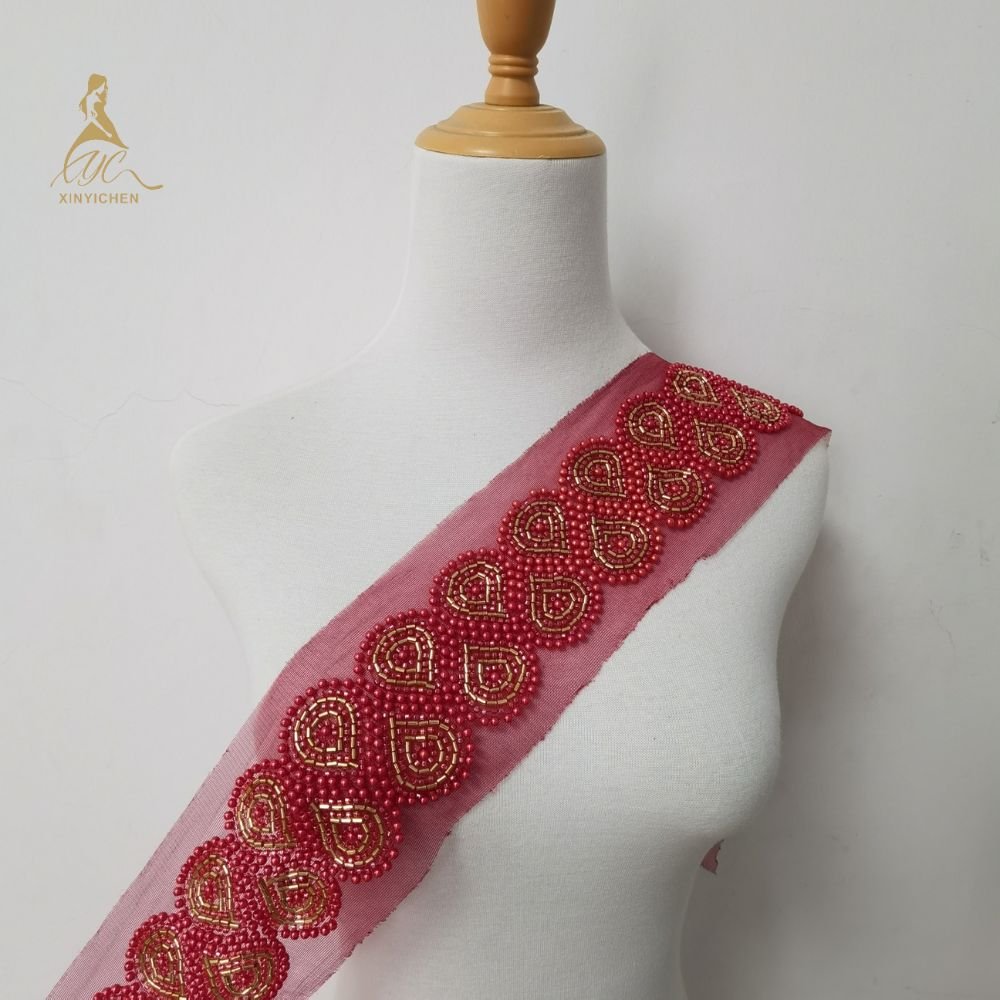 RED bead fashionable embroidery trimmed fabric for clothing and dress accessories