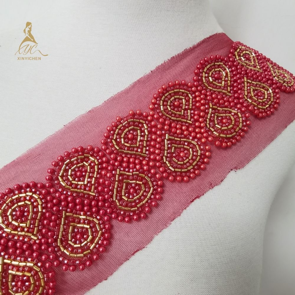 RED bead fashionable embroidery trimmed fabric for clothing and dress accessories