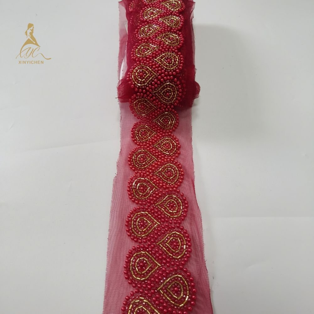 RED bead fashionable embroidery trimmed fabric for clothing and dress accessories