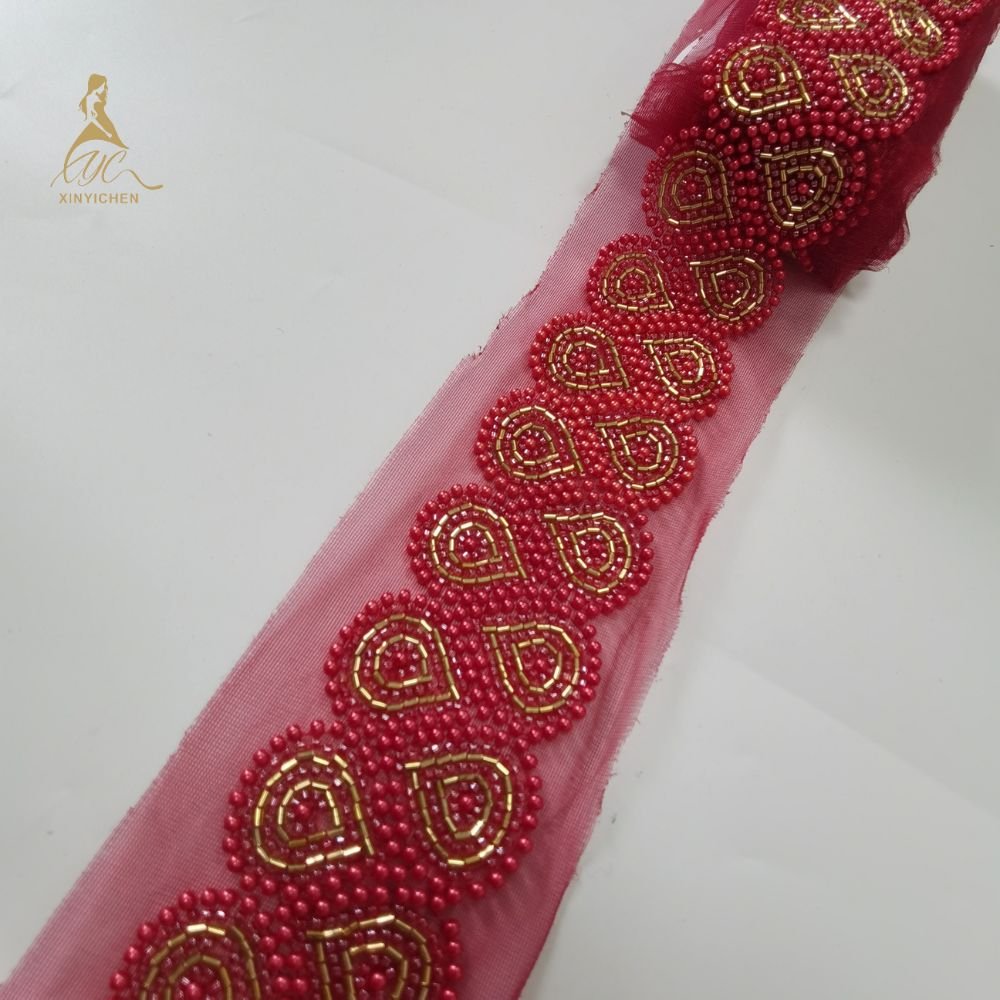 RED bead fashionable embroidery trimmed fabric for clothing and dress accessories