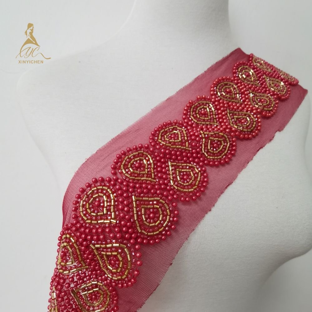 RED bead fashionable embroidery trimmed fabric for clothing and dress accessories