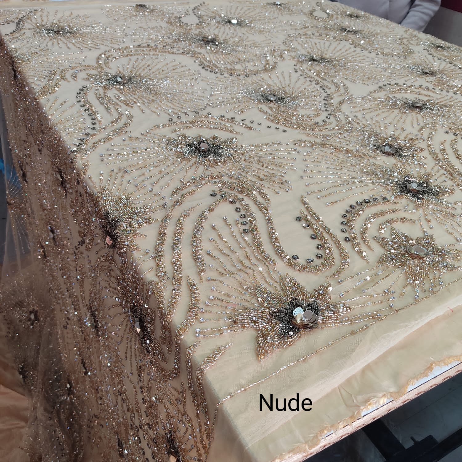 Most selling heavy work embroidery bridal lace fabric 3d beaded sequin french lace fabric available from india