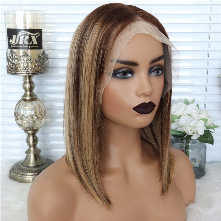 ON SALE Stock 100% virgin human hair 4/27 ombre two tone highlight color glueless straight 13x4 lace front short bob wig