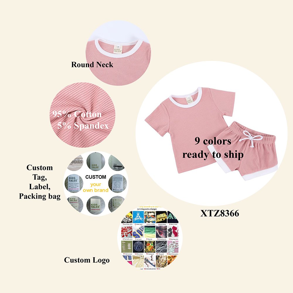 Vintage Ribbed Cotton Ringer Kids T Shirt Sports Shorts 2pcs Clothes Set Baby Casual outfits