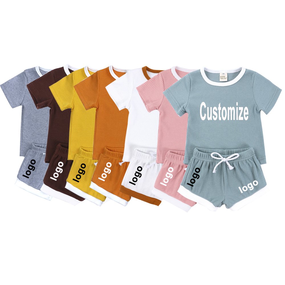 Vintage Ribbed Cotton Ringer Kids T Shirt Sports Shorts 2pcs Clothes Set Baby Casual outfits