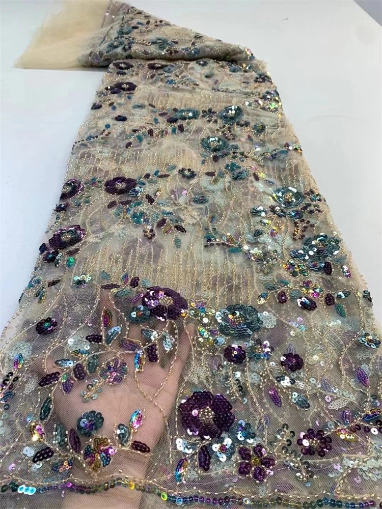 Exquisite plant flower dress cheongsam fashion three-dimensional color Sequin Mesh Embroidery fabric wedding dress