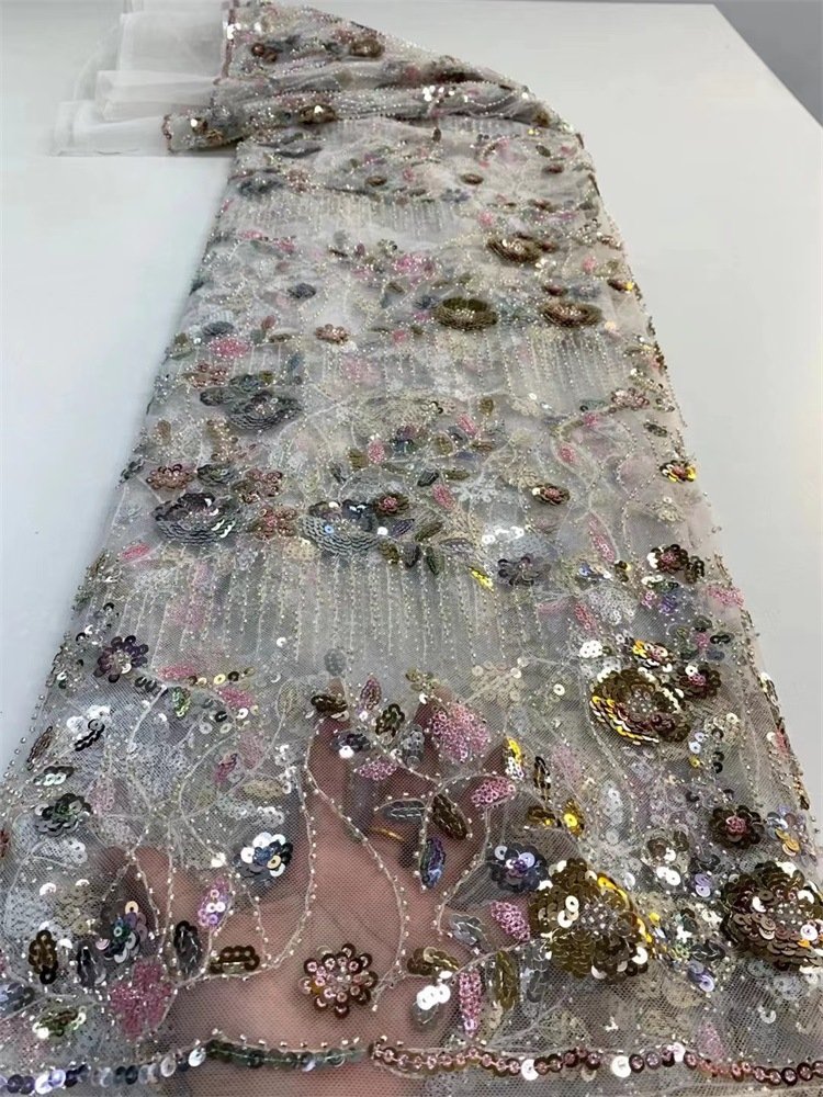 Exquisite plant flower dress cheongsam fashion three-dimensional color Sequin Mesh Embroidery fabric wedding dress