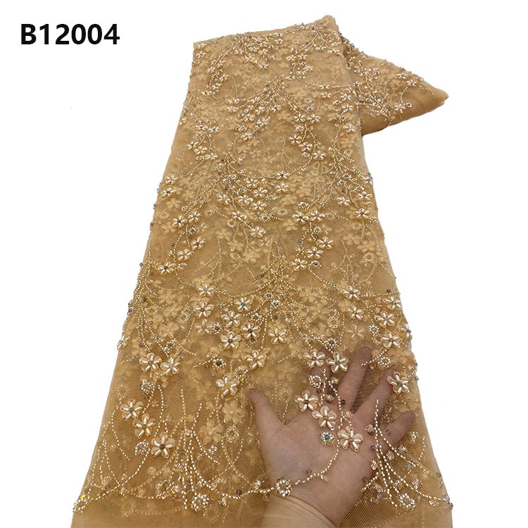 CHOCOO New Design Evening Dress Beads 3D Flower Embroidered Lace Fabric Heavy Beaded Lace Fabric with sequins