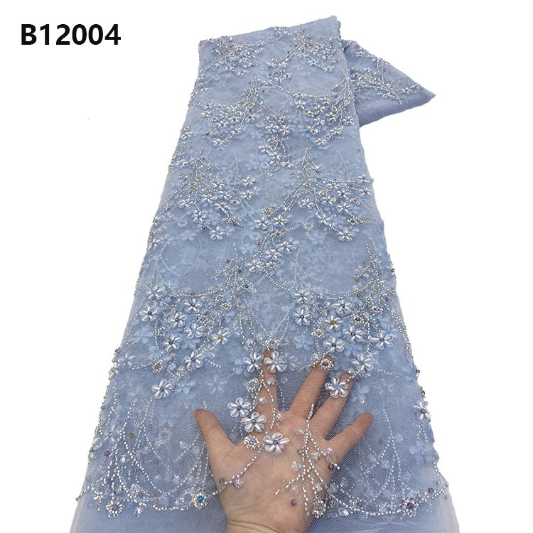 CHOCOO New Design Evening Dress Beads 3D Flower Embroidered Lace Fabric Heavy Beaded Lace Fabric with sequins