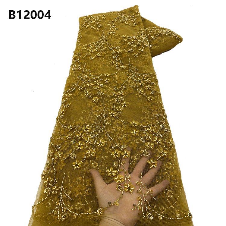 CHOCOO New Design Evening Dress Beads 3D Flower Embroidered Lace Fabric Heavy Beaded Lace Fabric with sequins