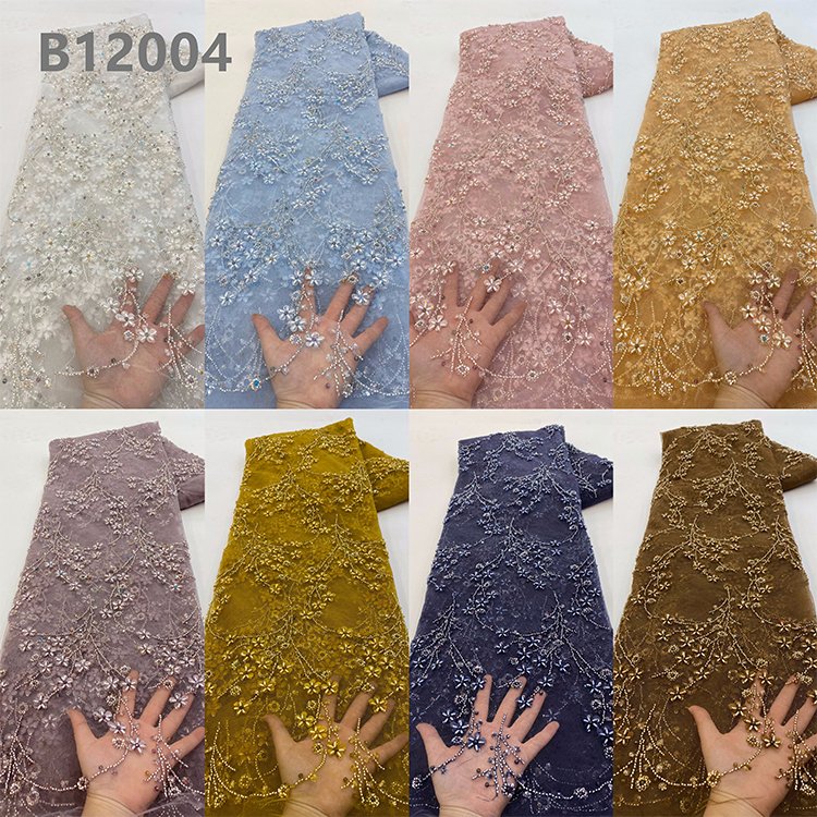 CHOCOO New Design Evening Dress Beads 3D Flower Embroidered Lace Fabric Heavy Beaded Lace Fabric with sequins