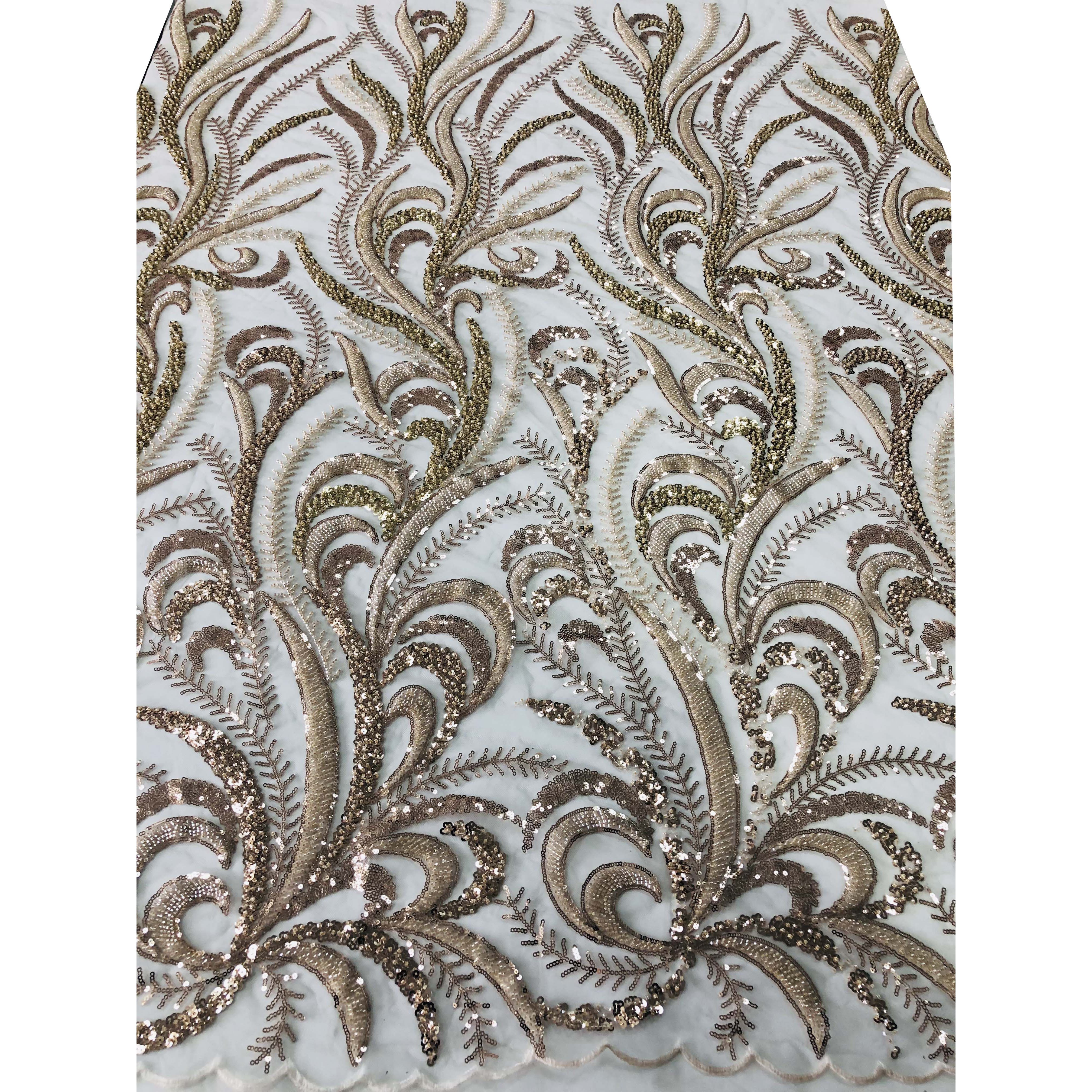 Luxury bridal beaded lace embroidery fabric gold embroidery beaded lace fabric for evening dress