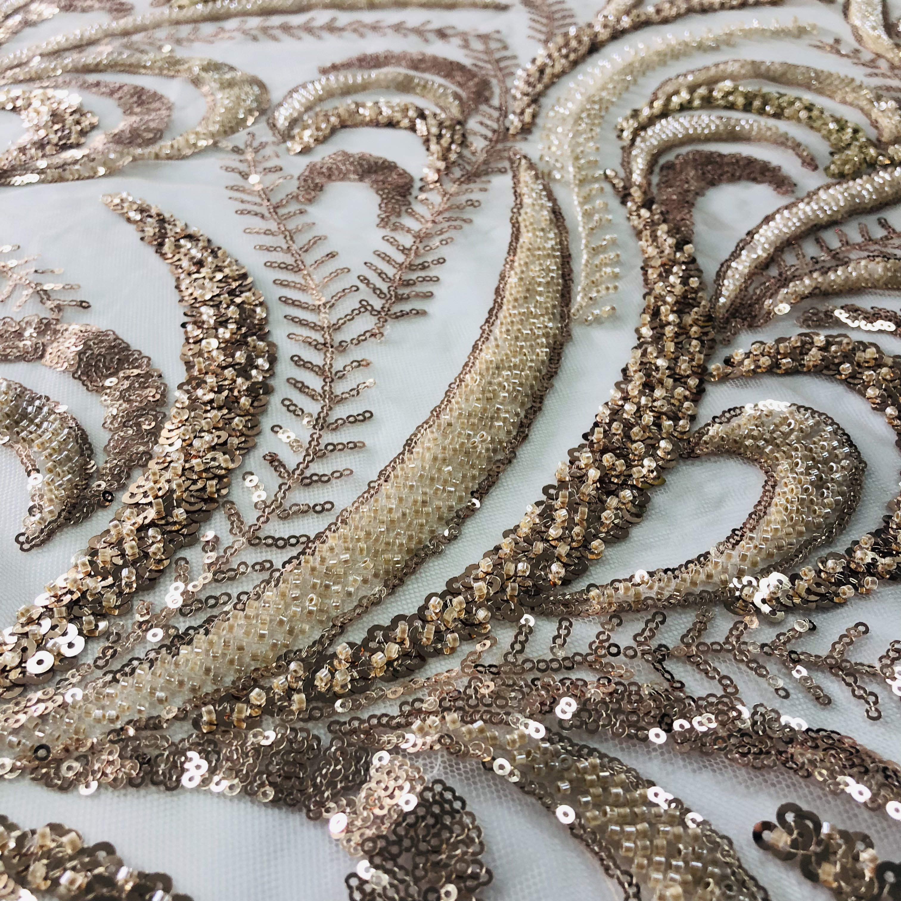 Luxury bridal beaded lace embroidery fabric gold embroidery beaded lace fabric for evening dress