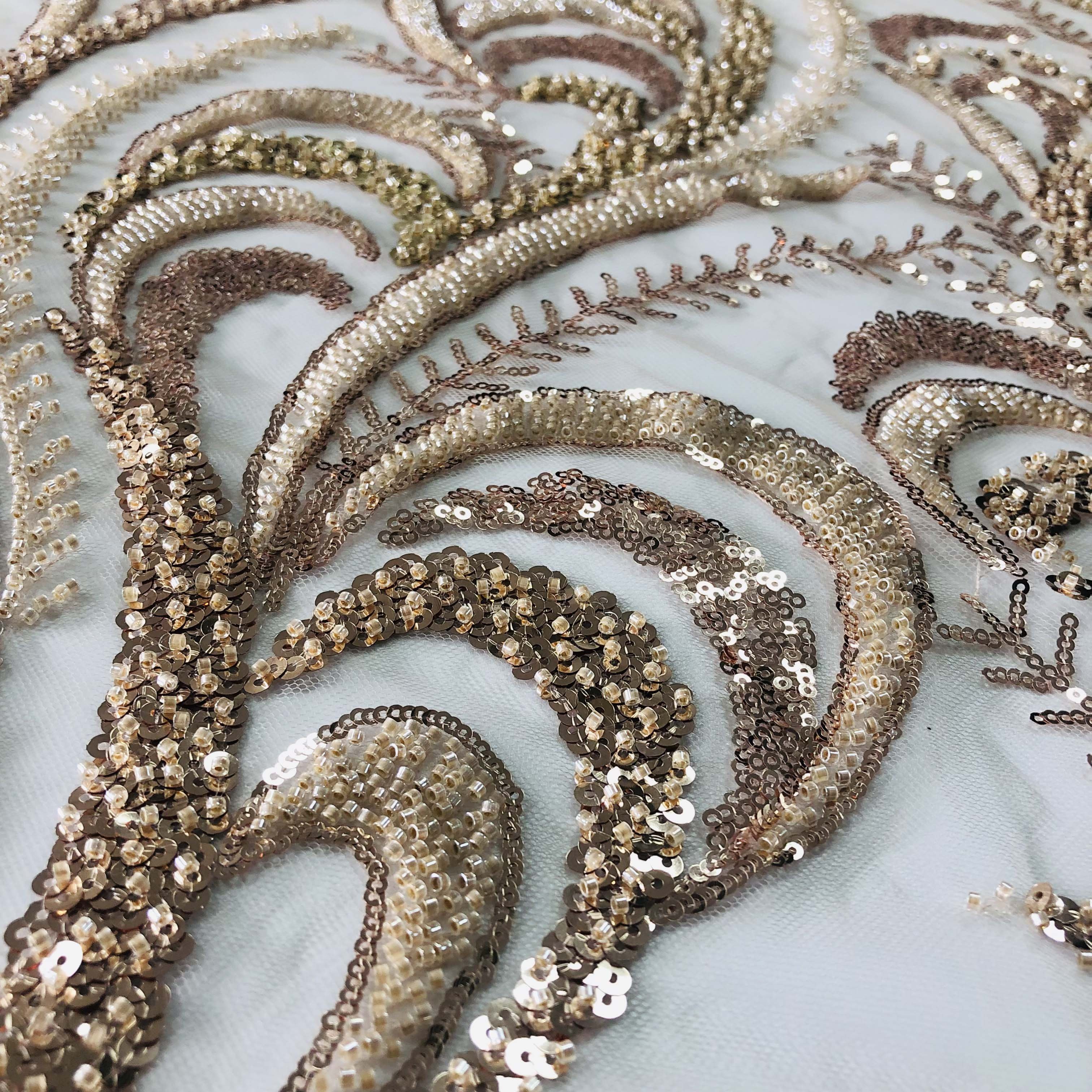 Luxury bridal beaded lace embroidery fabric gold embroidery beaded lace fabric for evening dress