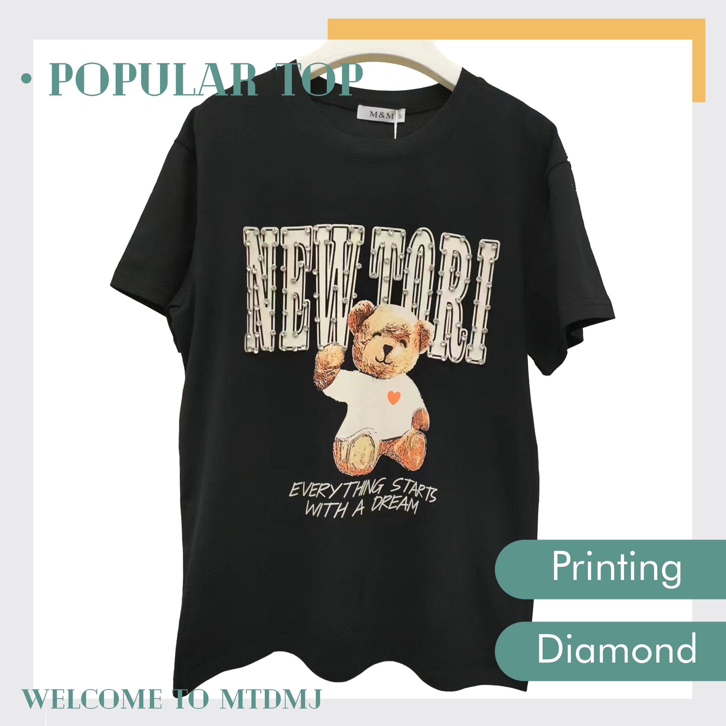 T-7546spring High Collar Hot Drill Women's Custom Diamond Patch Knit T Shirts Ladies Diamond Rhinestones Ribbed Knitwear Shirts
