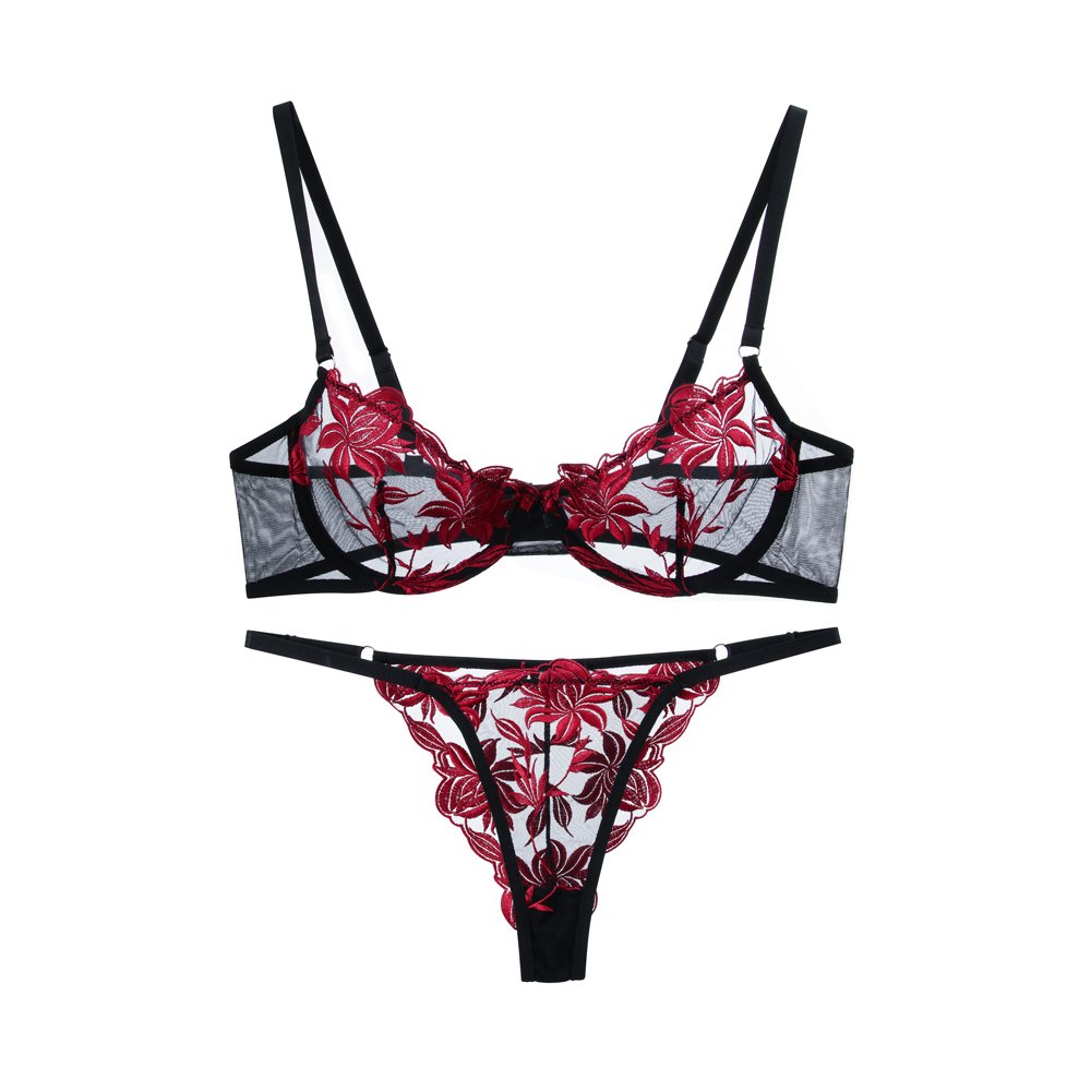 ODM OEM New Fashion Black Red Lingerie-Sexy Hot Transparent Lace Lingerie Embroidery Lingerie Woman