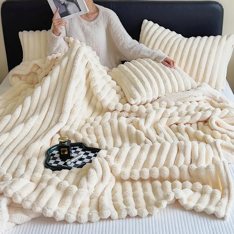 Most popular Striped Lamb Faux Fur Short Fleece Casual Cover Blanket cheaper Sofa blanket