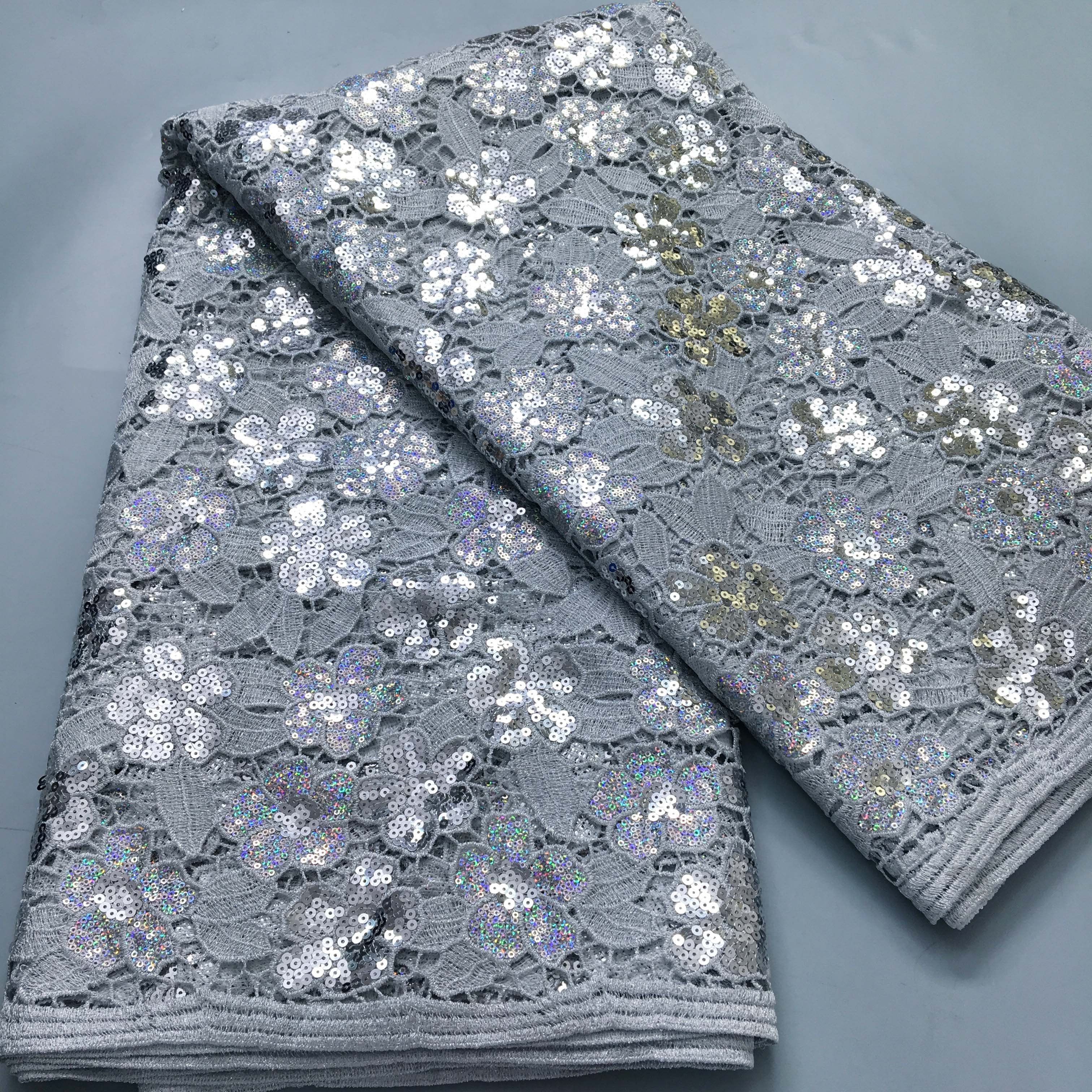 High Quality Luxury Silver African Cord Lace with Sequins 2024 Guipure Embroidery Cord Lace for Sewing Women Wedding Dress 3991