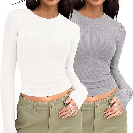 90% Polyester 10% Spandex Long Sleeved Crop Top Ribbed Knit Women's Yoga Basic T-shirts Fitted Blank T shirt Top Plain Wholesale