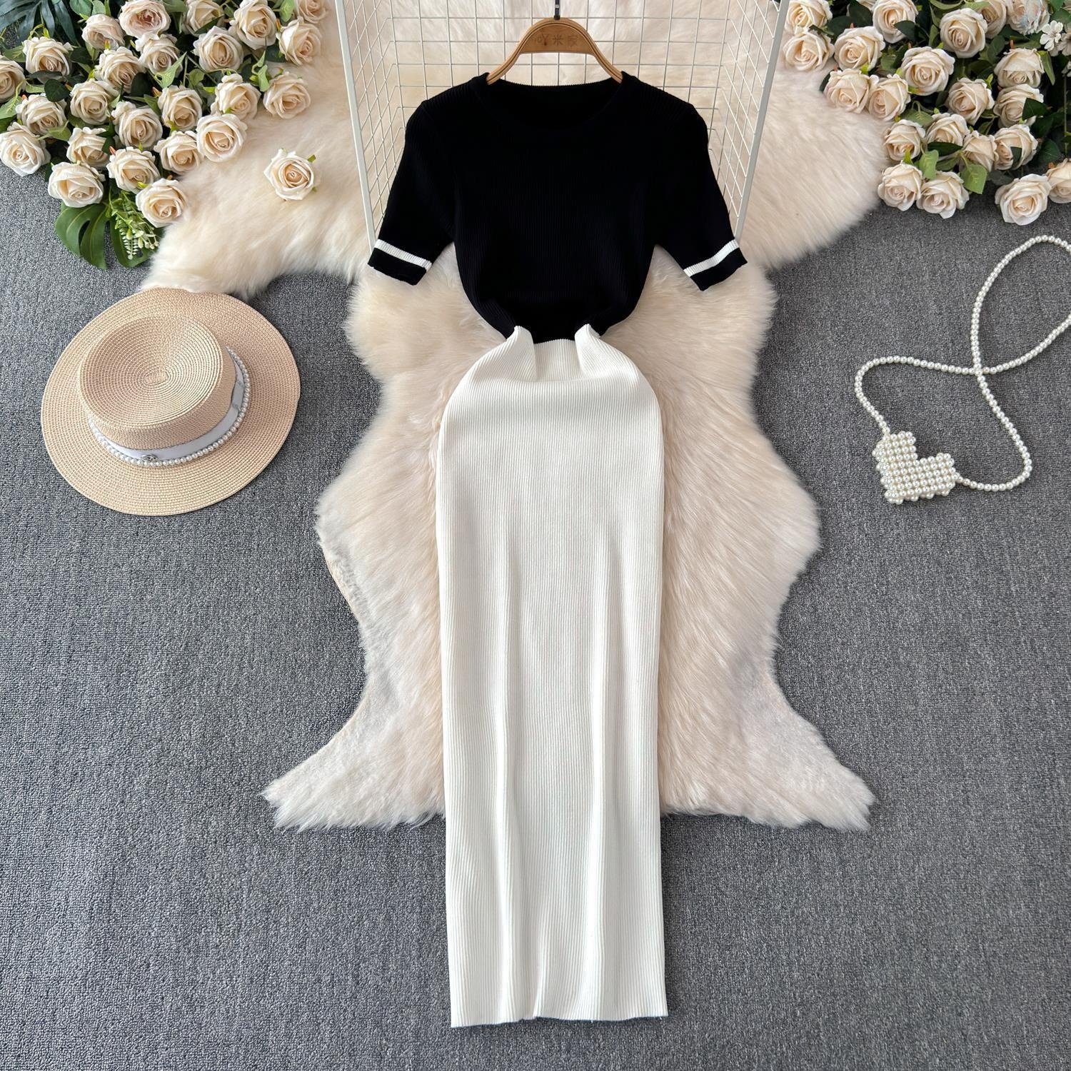 New 2024 Summer New Round Neck Fashion Casual Knit Slim Splicing Women's Dresses for Elegant Office Ladies