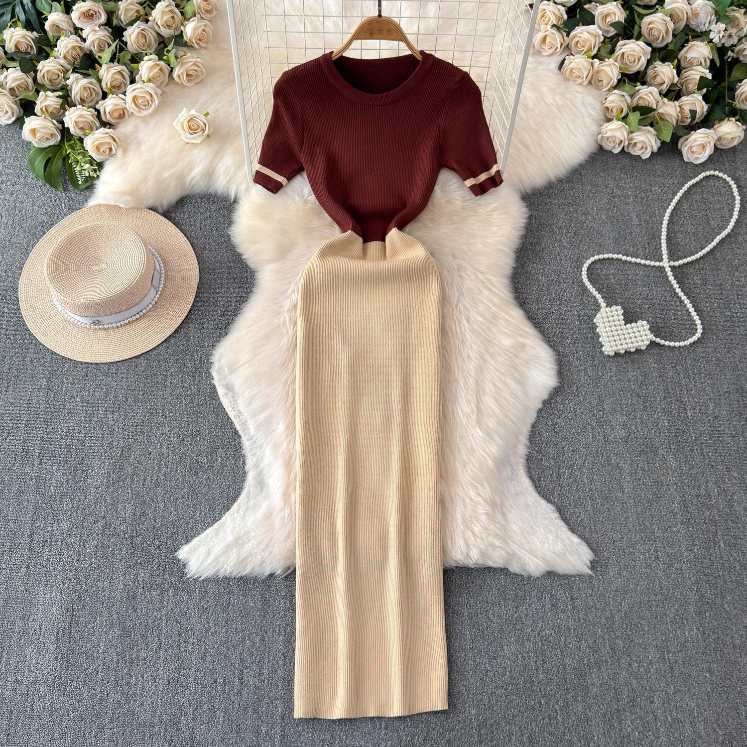New 2024 Summer New Round Neck Fashion Casual Knit Slim Splicing Women's Dresses for Elegant Office Ladies