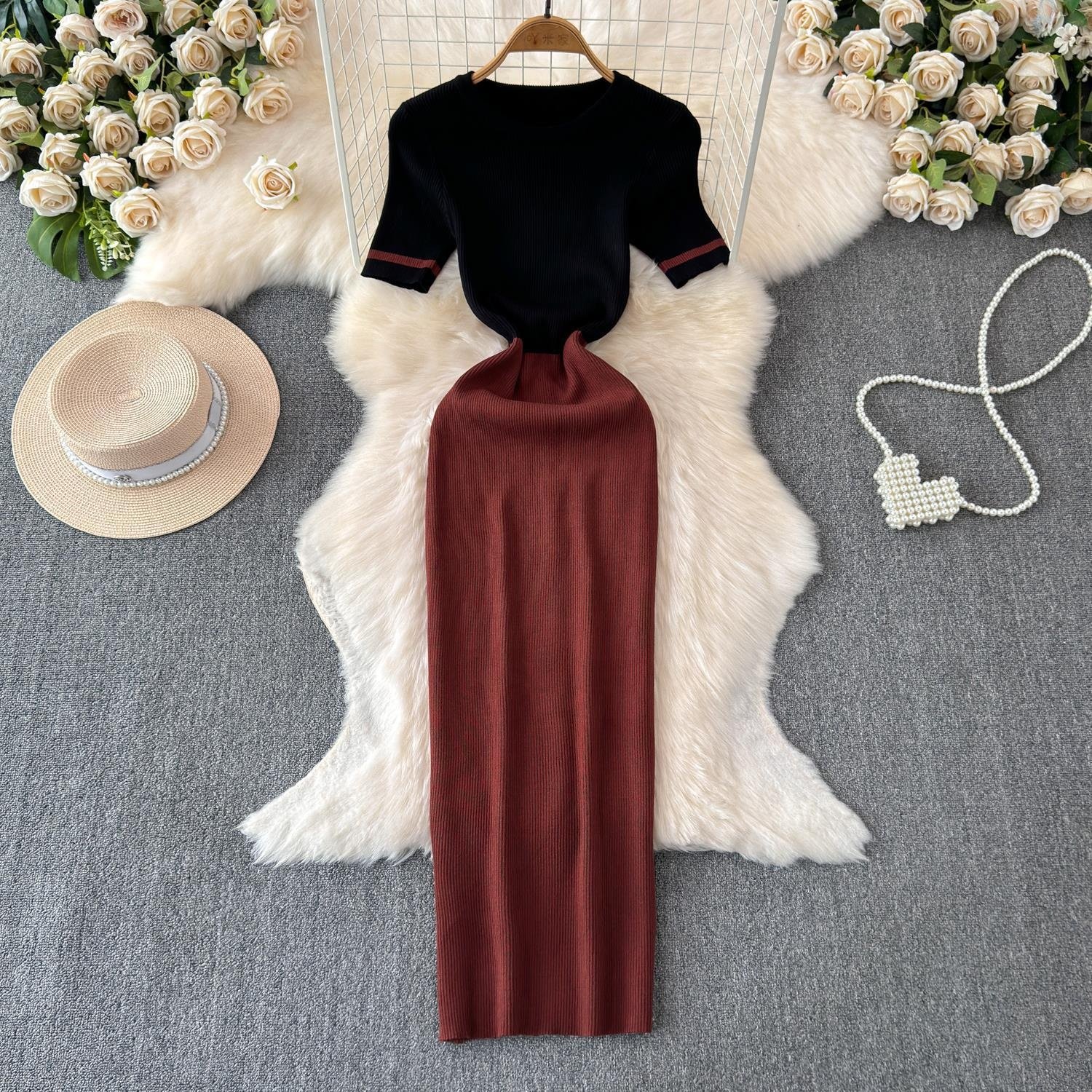 New 2024 Summer New Round Neck Fashion Casual Knit Slim Splicing Women's Dresses for Elegant Office Ladies
