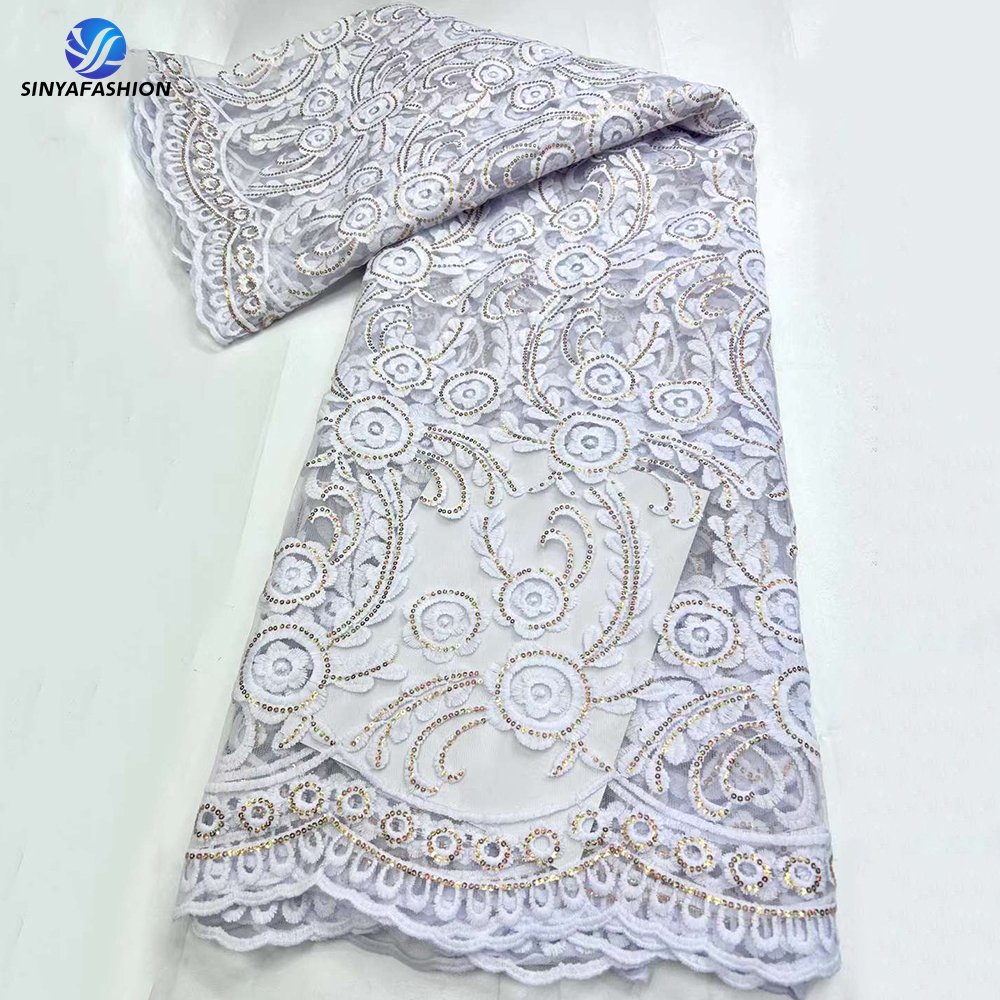 Sinya Wholesale African Gold Sequins Mesh Lace High Quality White Embroidered Milk French Tulle Lace Wedding Dress Fabrics
