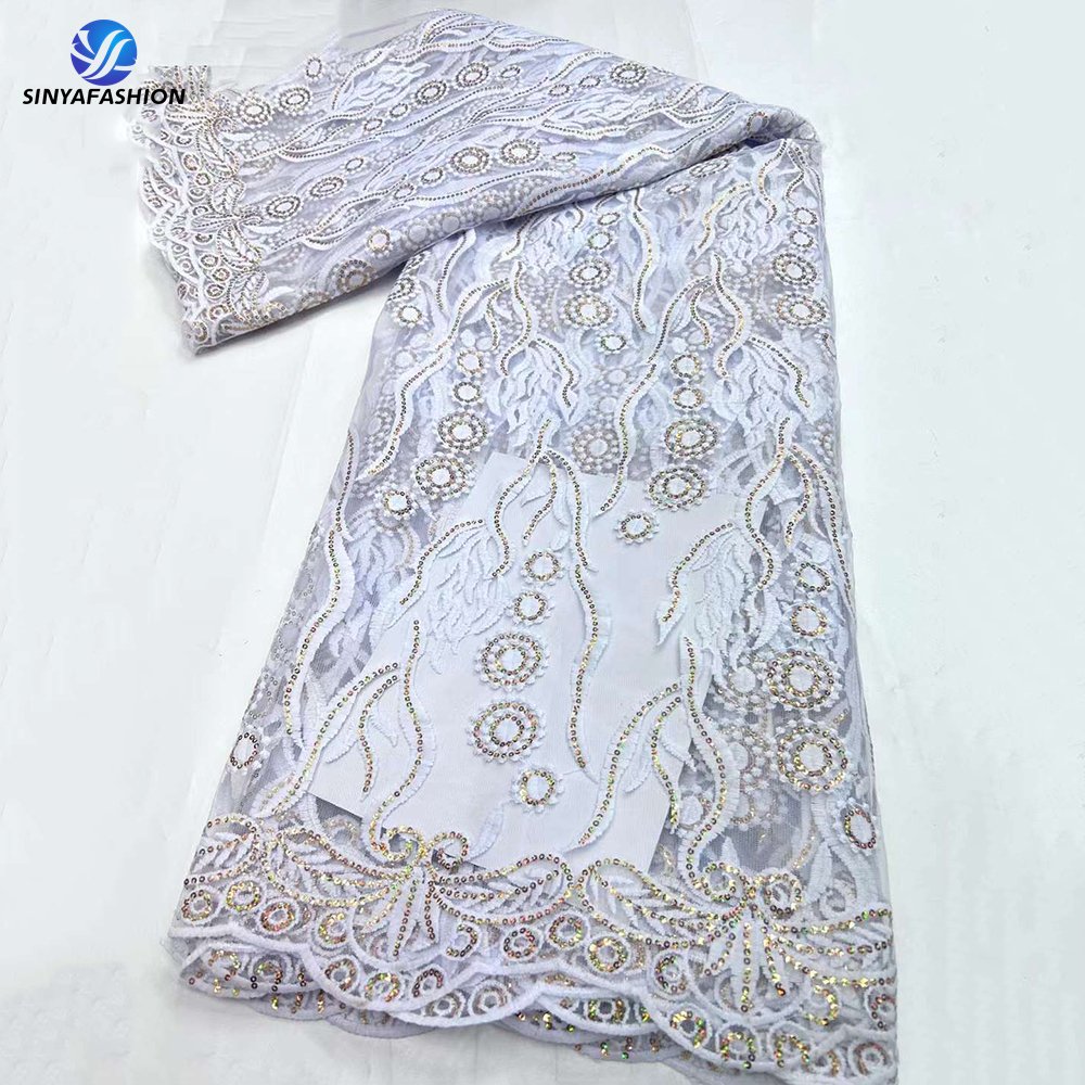 Sinya Wholesale African Gold Sequins Mesh Lace High Quality White Embroidered Milk French Tulle Lace Wedding Dress Fabrics