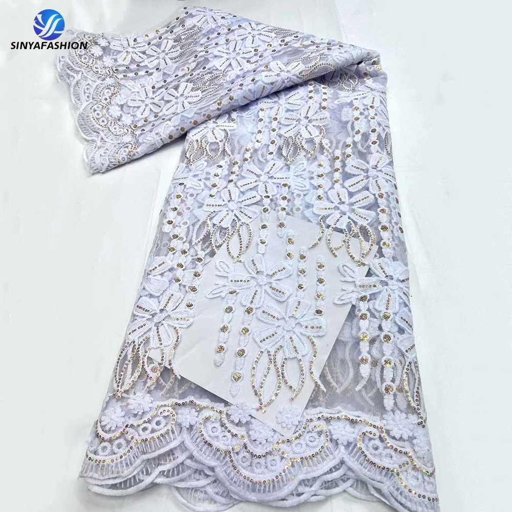 Sinya Wholesale African Gold Sequins Mesh Lace High Quality White Embroidered Milk French Tulle Lace Wedding Dress Fabrics