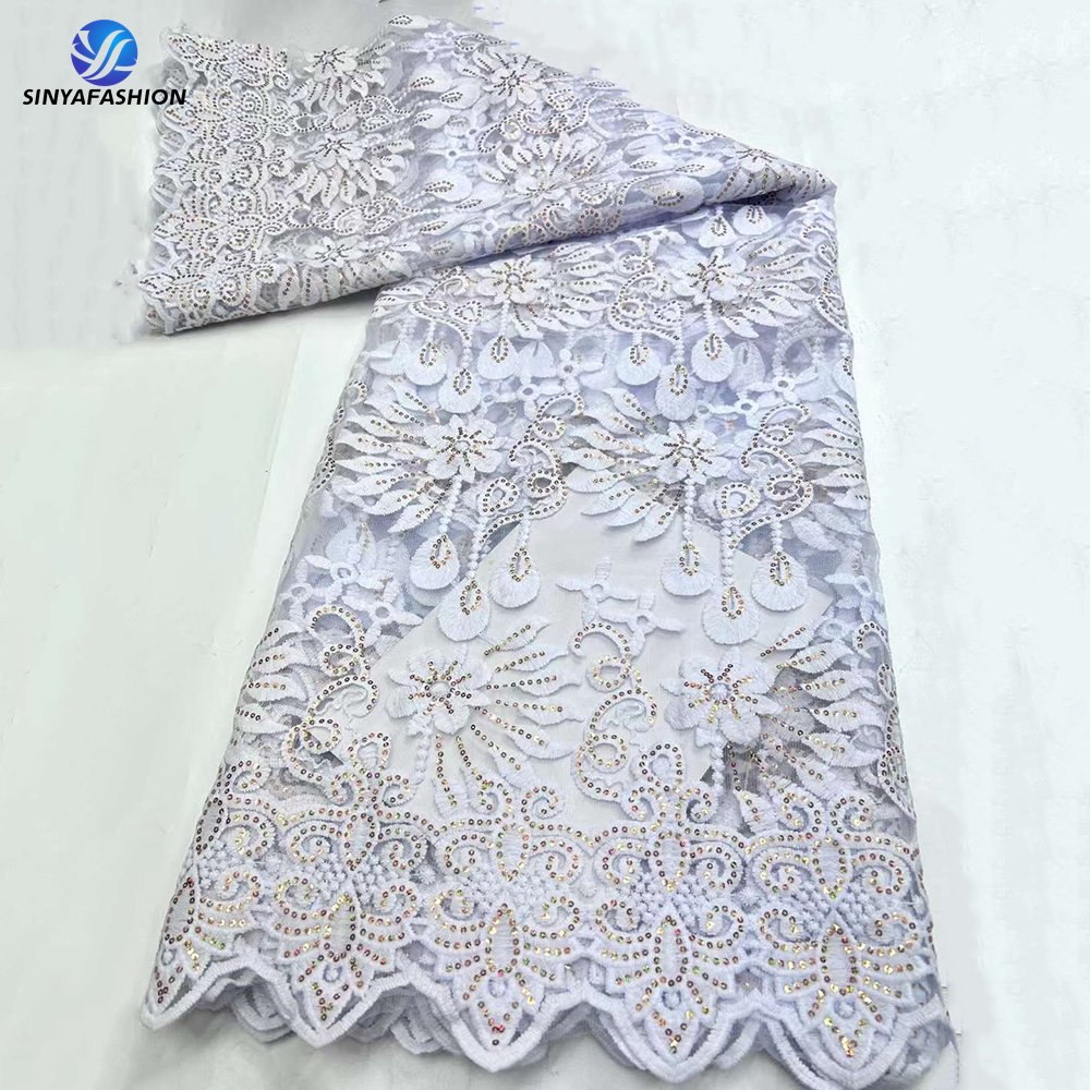 Sinya Wholesale African Gold Sequins Mesh Lace High Quality White Embroidered Milk French Tulle Lace Wedding Dress Fabrics